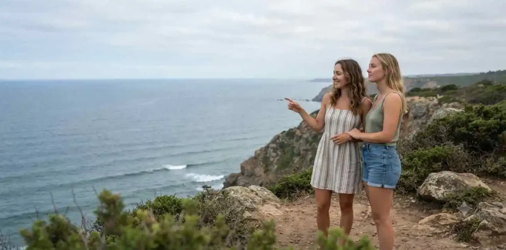Friends admiring a peaceful ocean view