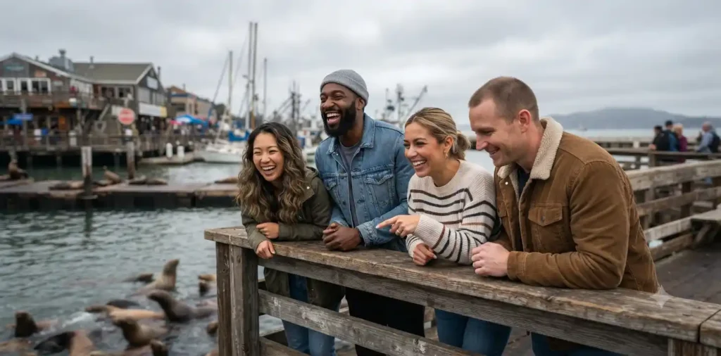 Friends watching sea lions from the pier
