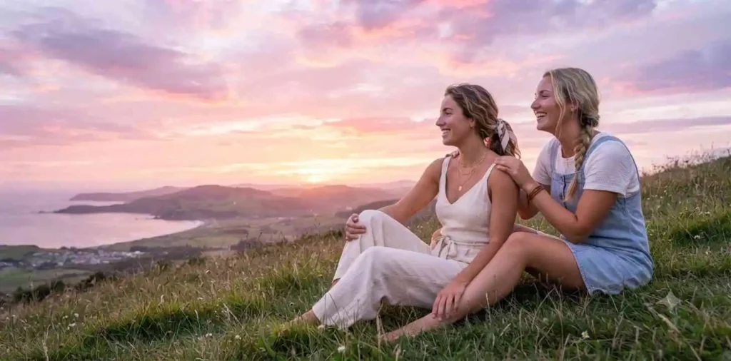 Friends enjoying a pink summer sunset
