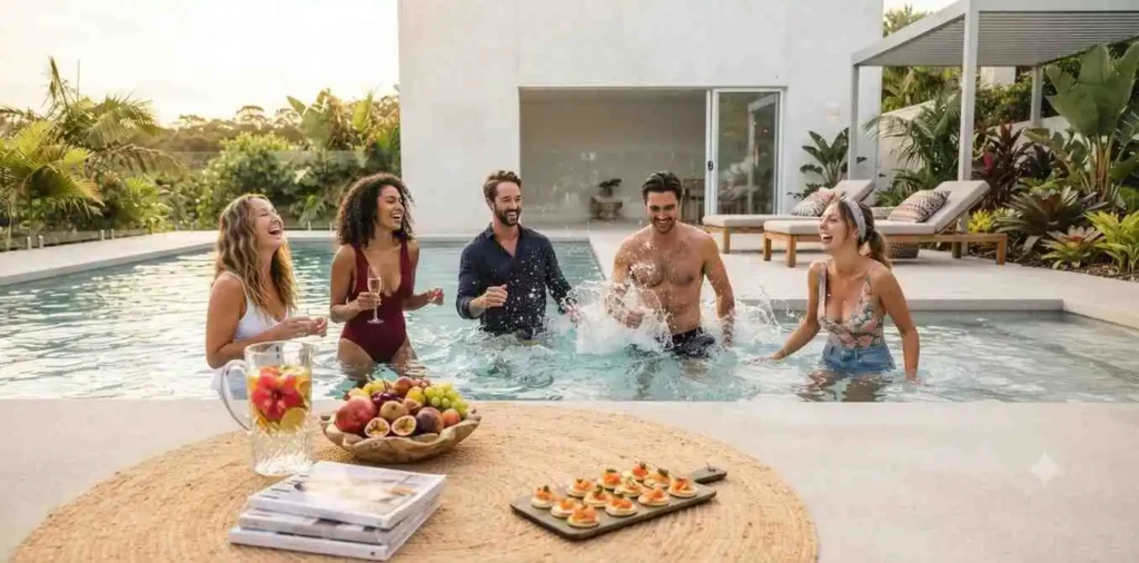 Friends relaxing together beside a pool