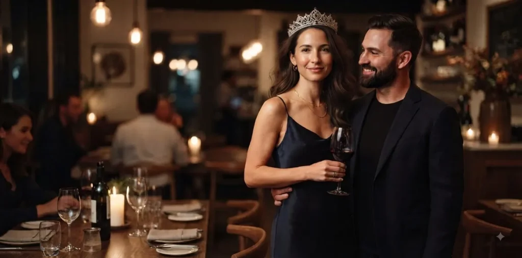 Elegant wife smiling beside her husband