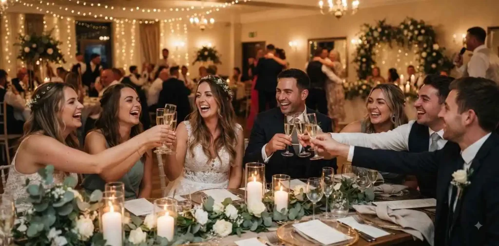 Wedding guests celebrating during an elegant reception