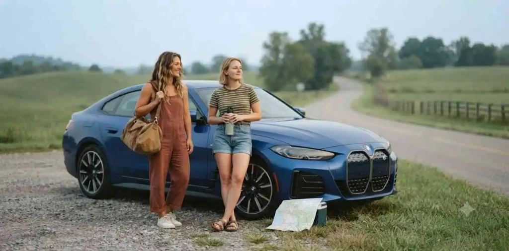Friends taking a break during a road trip