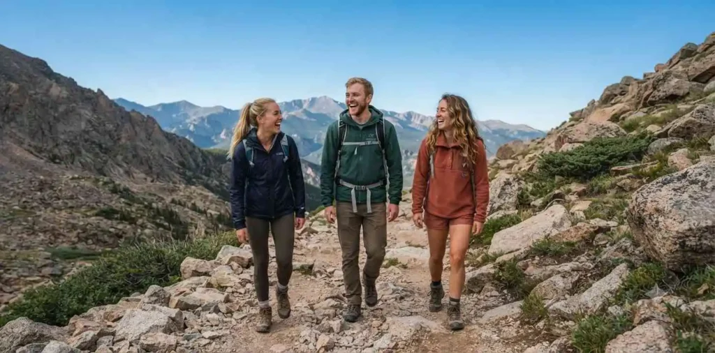 Friends hiking along rocky mountain trail