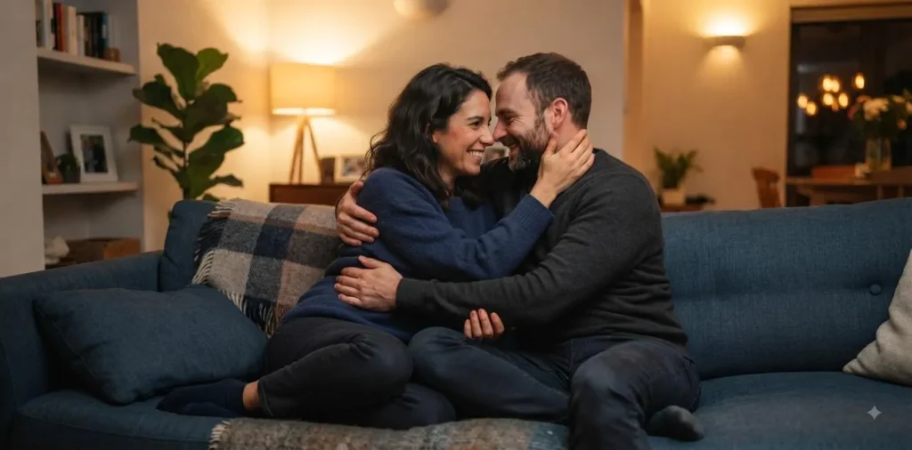Married couple sharing a tender indoor moment