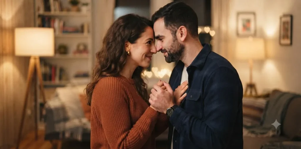 Couple sharing a tender moment indoors
