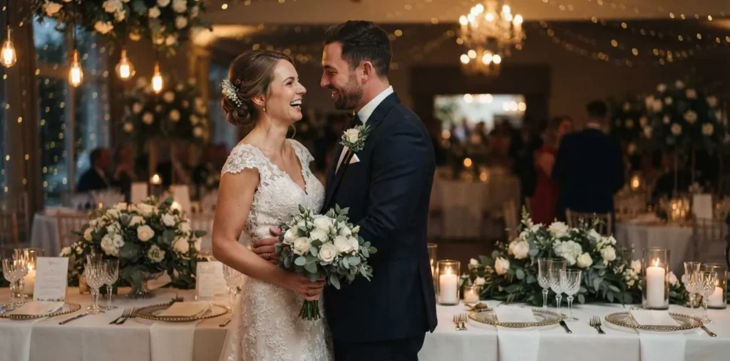 Newlywed couple sharing a tender wedding moment