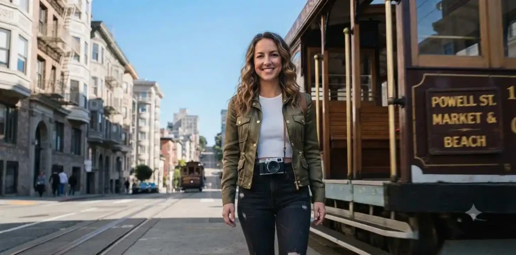 Traveler enjoying cable car city views