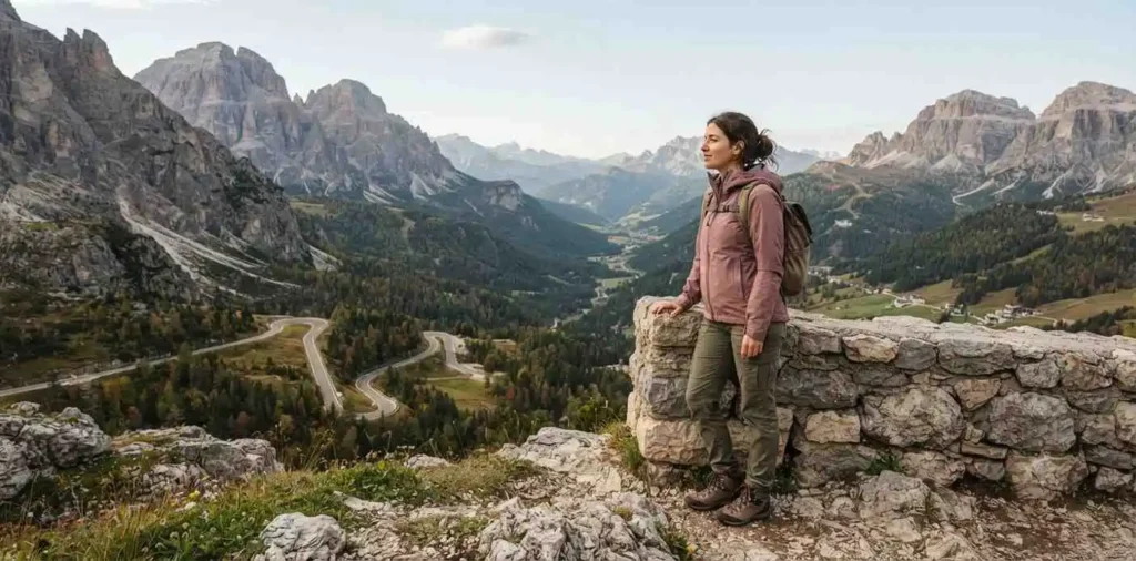 Traveler admiring a wide mountain landscape