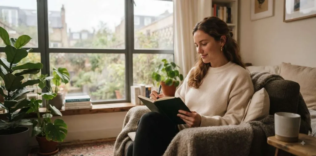 Woman enjoying a peaceful self-care moment indoors