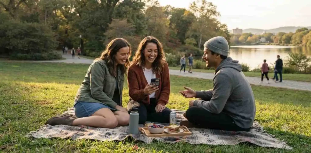 Friends sharing memories at a September picnic