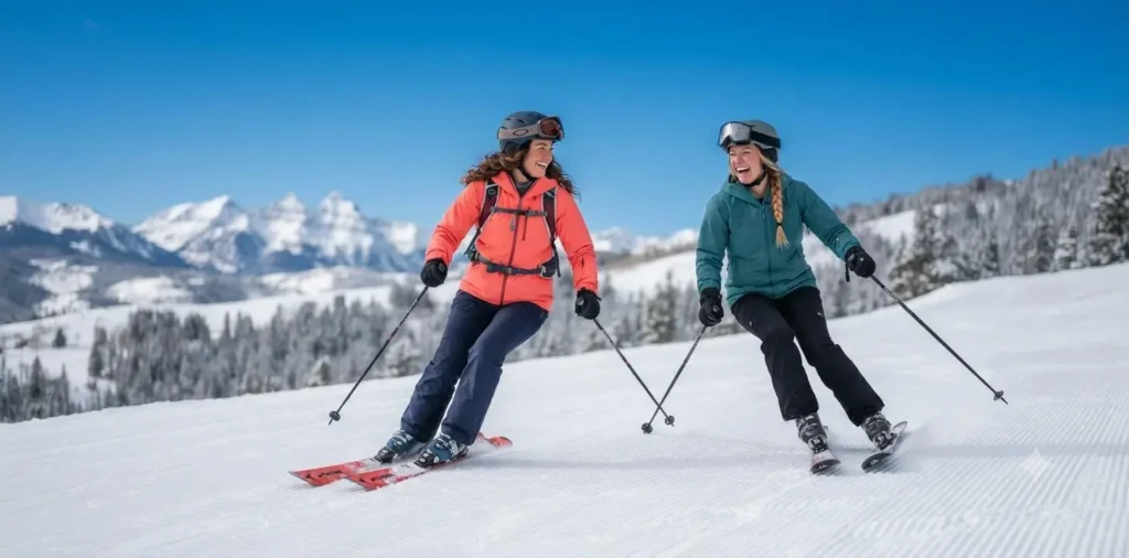 Friends skiing down snowy mountain slope