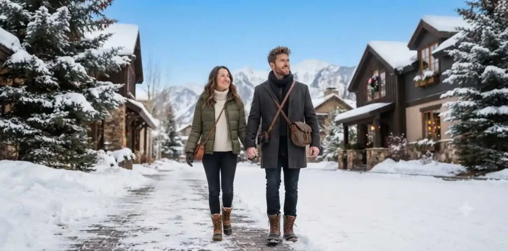 Traveler enjoying snowy mountain village