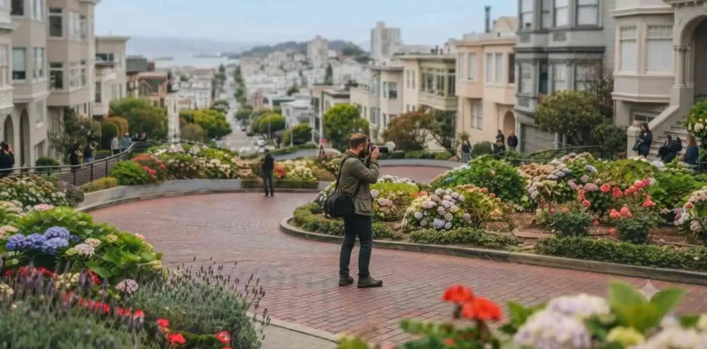 Photographer capturing Lombard Street scenery