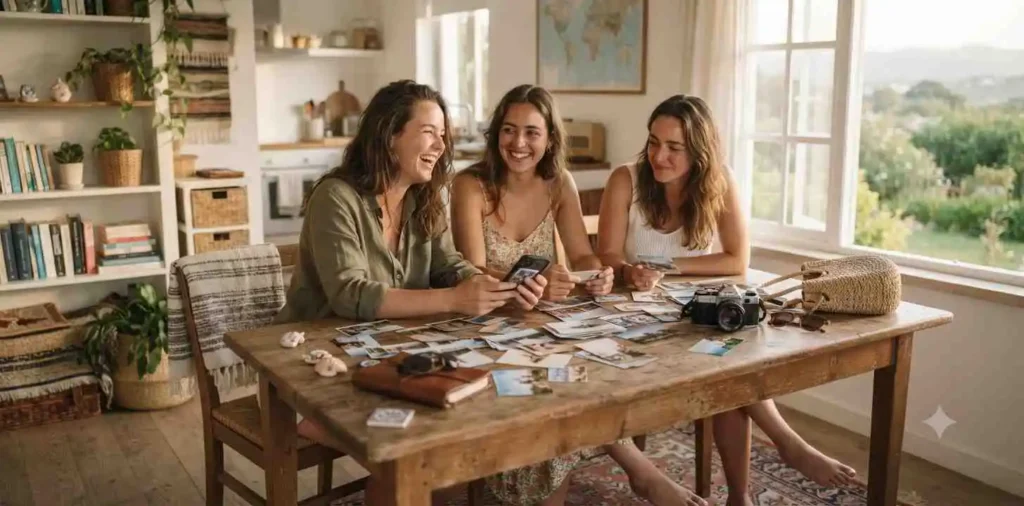 Friends sharing memories in a summer photo dump