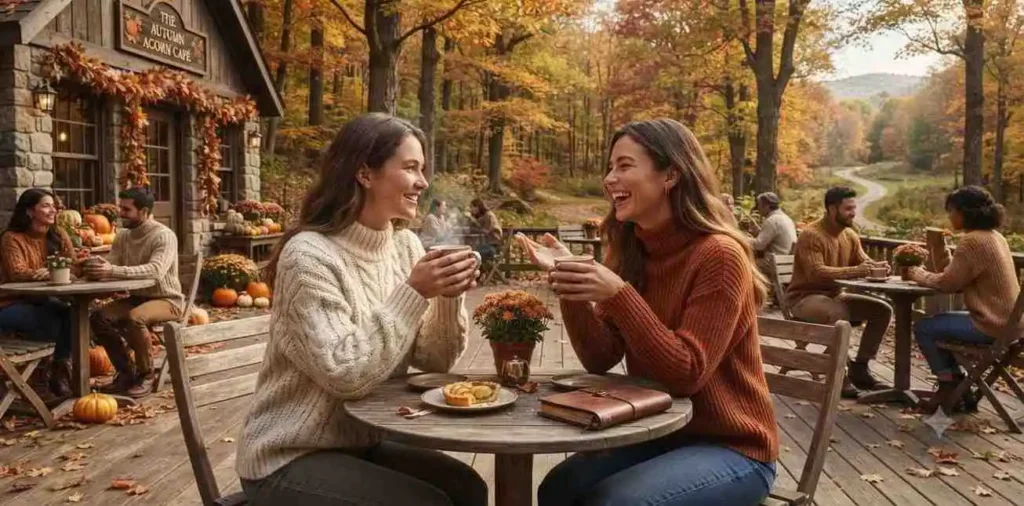 Friends enjoying coffee in cozy autumn sweaters
