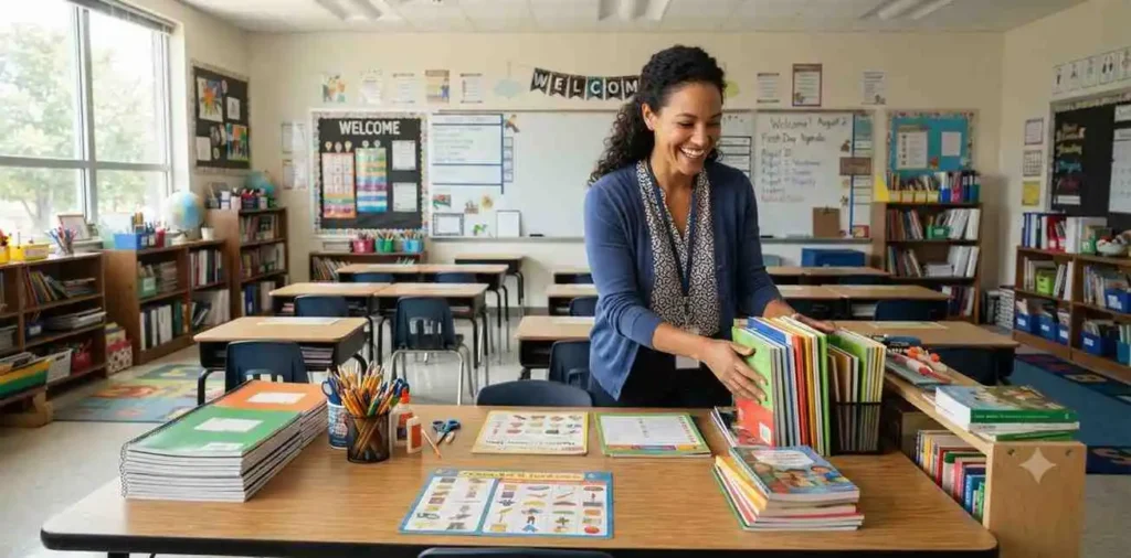 Teacher preparing bright classroom for students