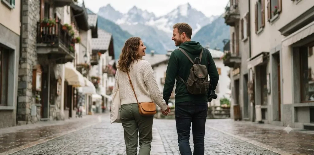 Couple exploring a scenic mountain town