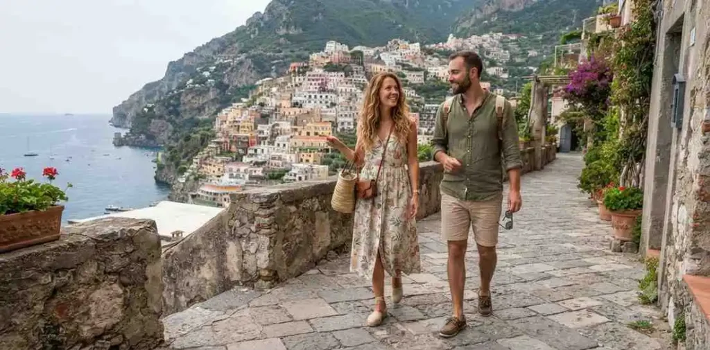 Travelers exploring a scenic vacation destination