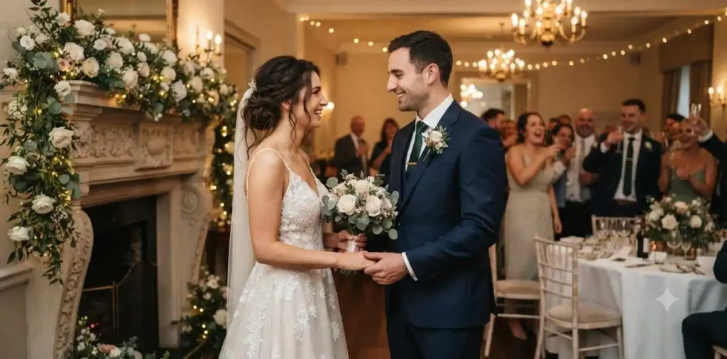 Newlywed couple celebrating their wedding day