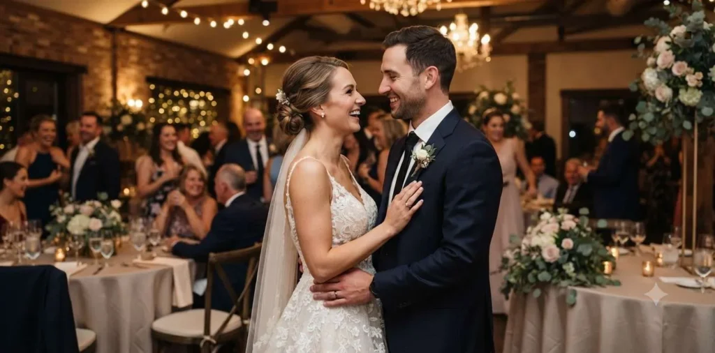 Newlyweds smiling together at their wedding