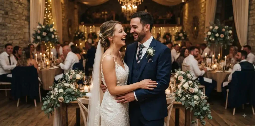 Newlywed couple smiling at wedding reception