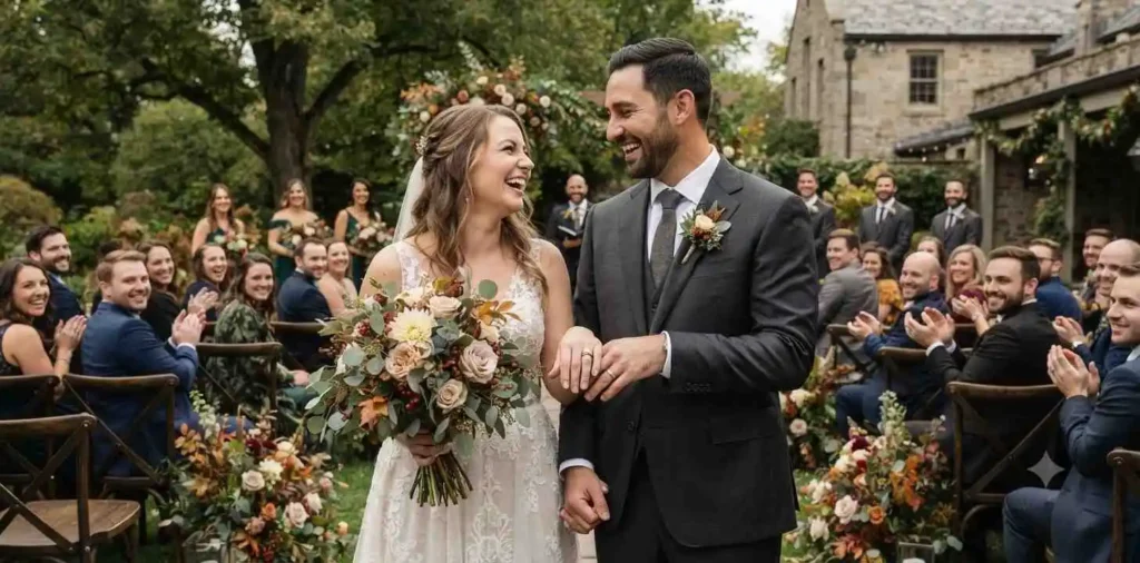 Newlyweds showing wedding rings outdoors