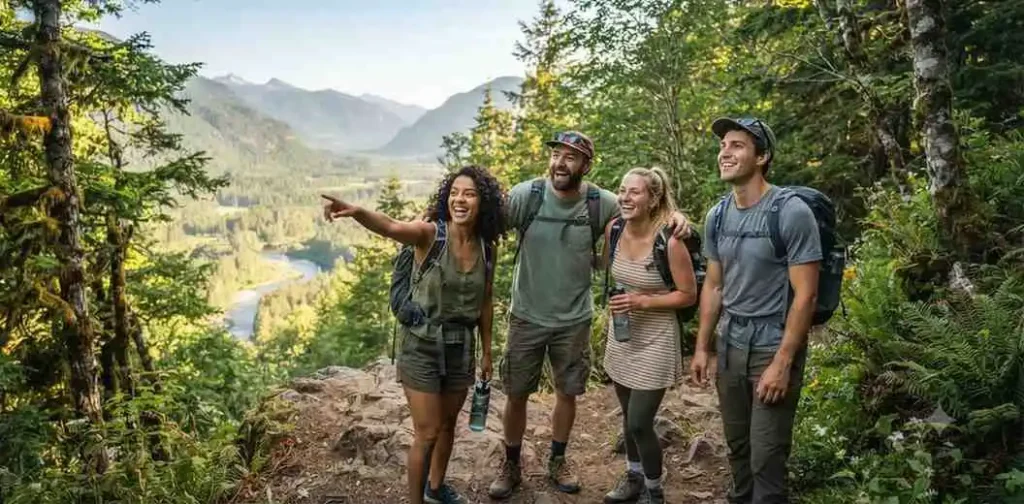 Friends hiking through a scenic mountain trail