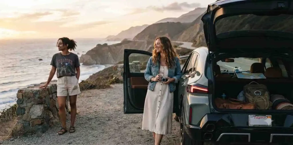Friends enjoying a scenic weekend road trip