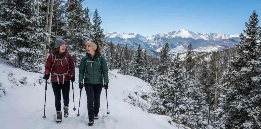 Friends enjoying a snowy mountain trail