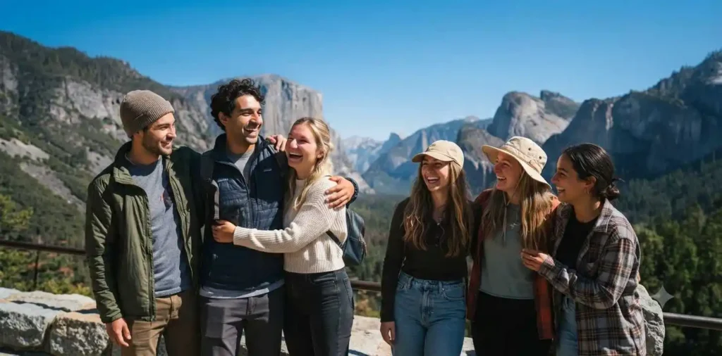 Travelers overlooking Yosemite Valley