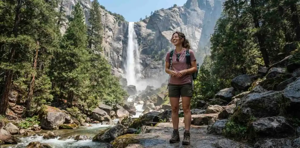 Traveler enjoying a Yosemite waterfall